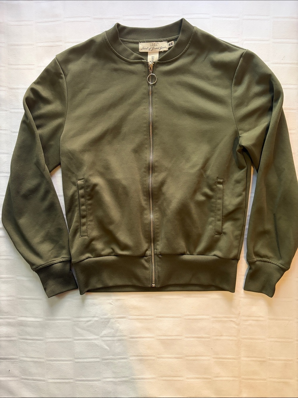 H&M Olive Zip-Up Bomber Jacket with Ring Pull